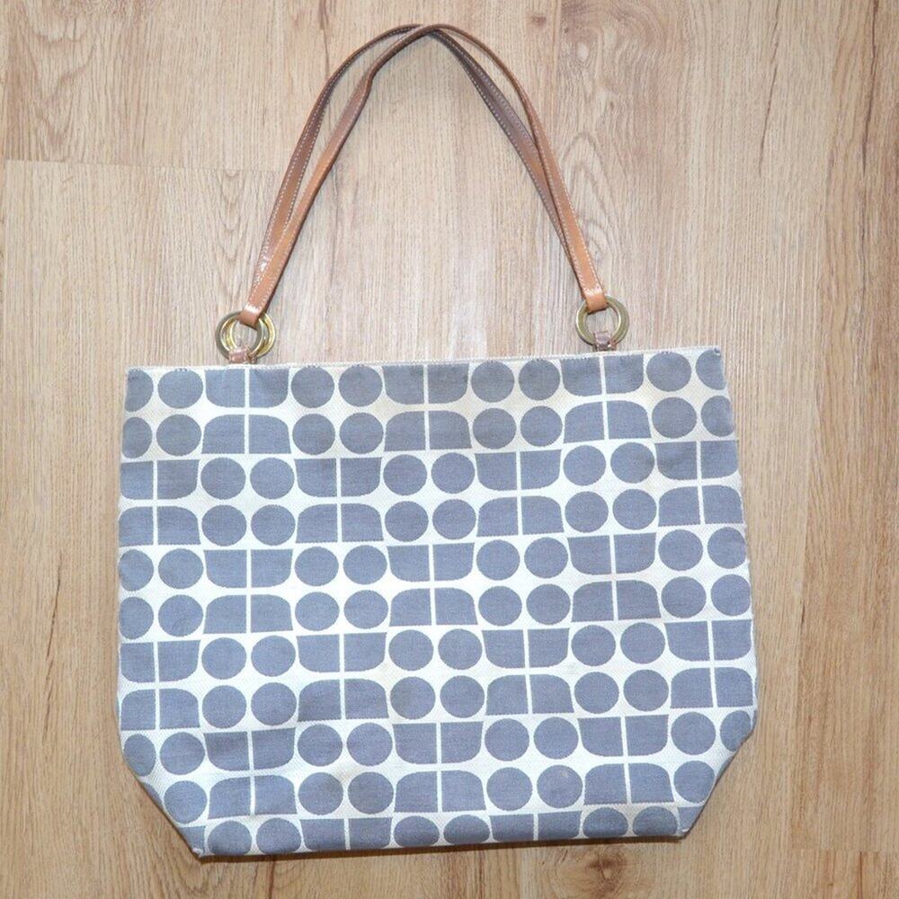 kate spade Gray and White Geometric Canvas Tote with Tan Leather Handles